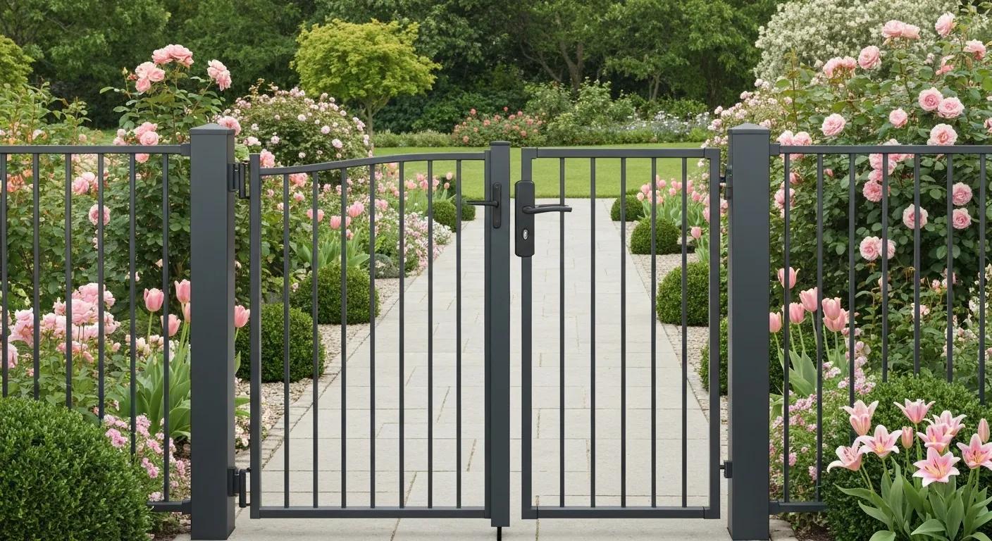 A durable garden gate in a beautiful garden, highlighting its role in maintenance-free outdoor living